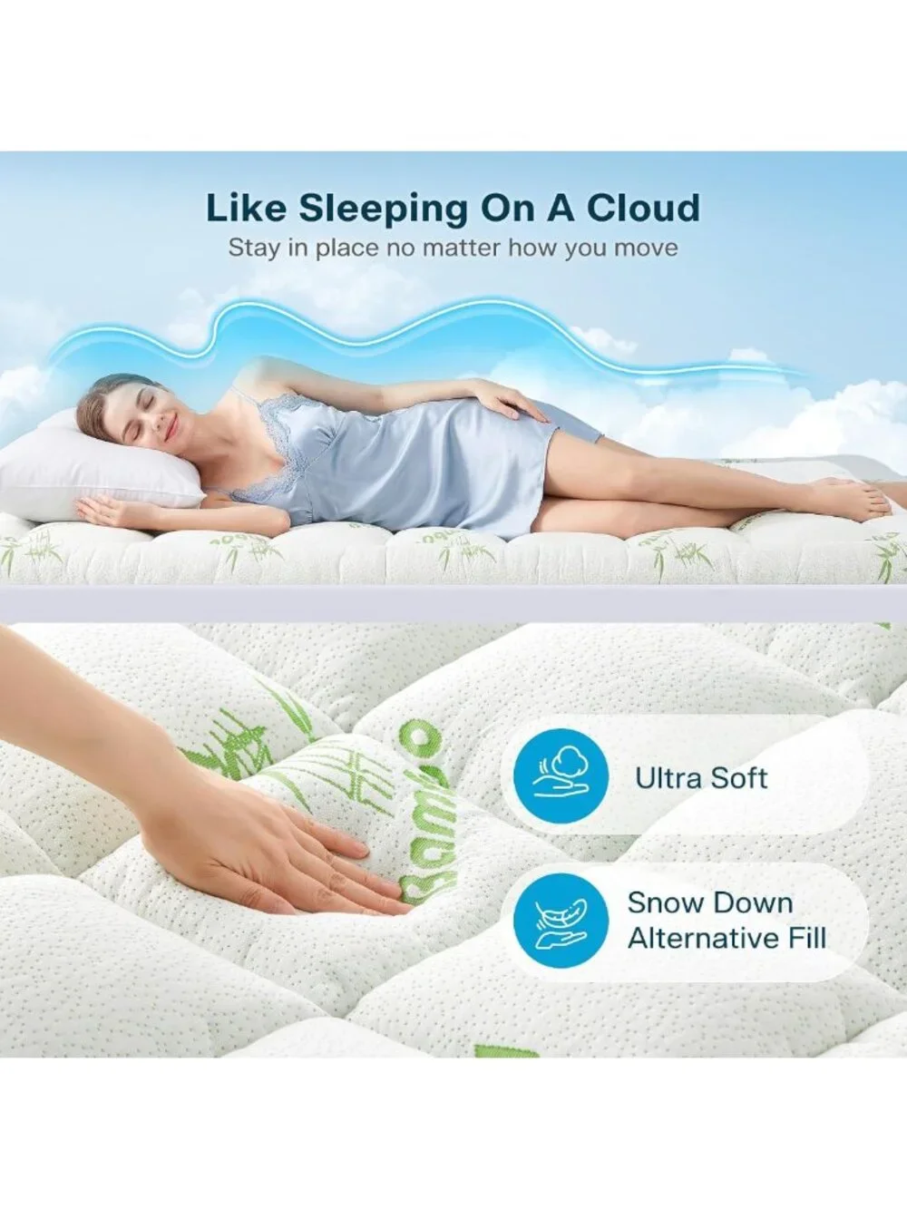 Extra Thick Waterproof King Size Mattress Topper - Cooling Bamboo Pad for Back